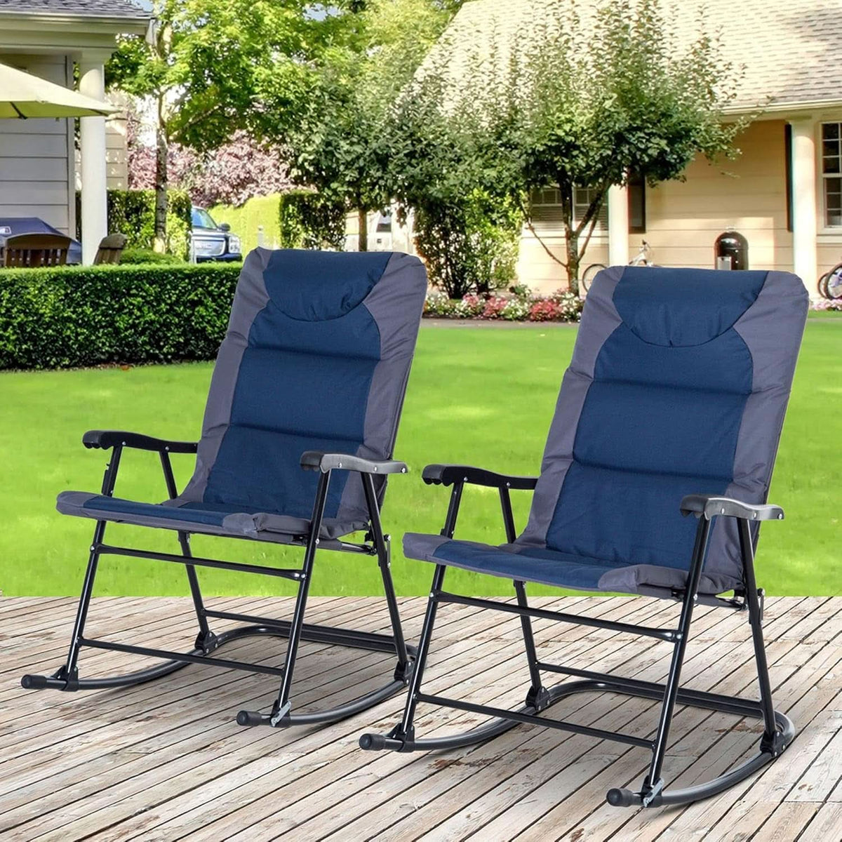 2 Piece Outdoor Patio Furniture Set With Folding Padded Rocking Chairs Navy Blue For Porch Balcony And Camping-1