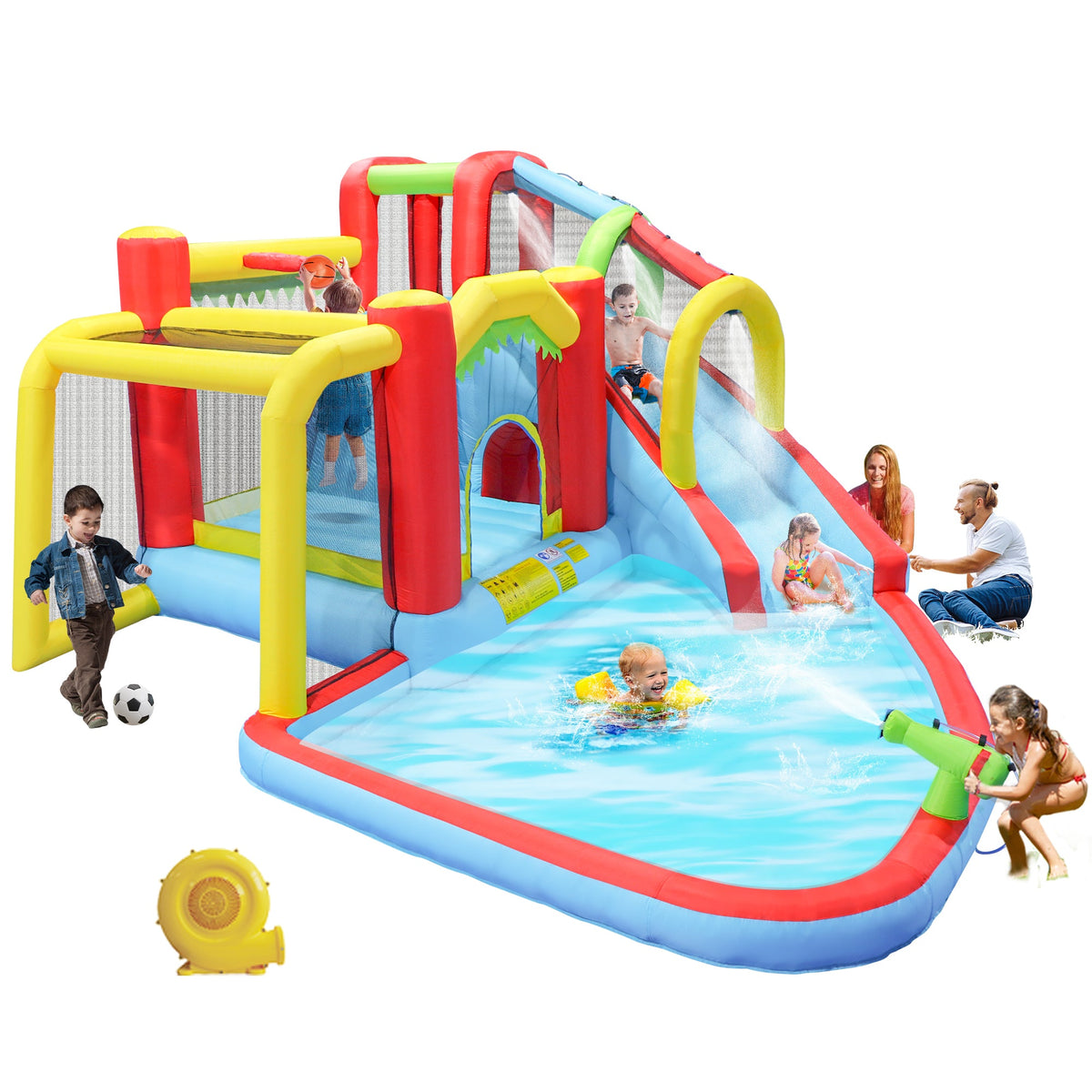 7-in-1 Inflatable Slide Water Park and Garden Bouncer with Multi-Sport Features - Multicolor
