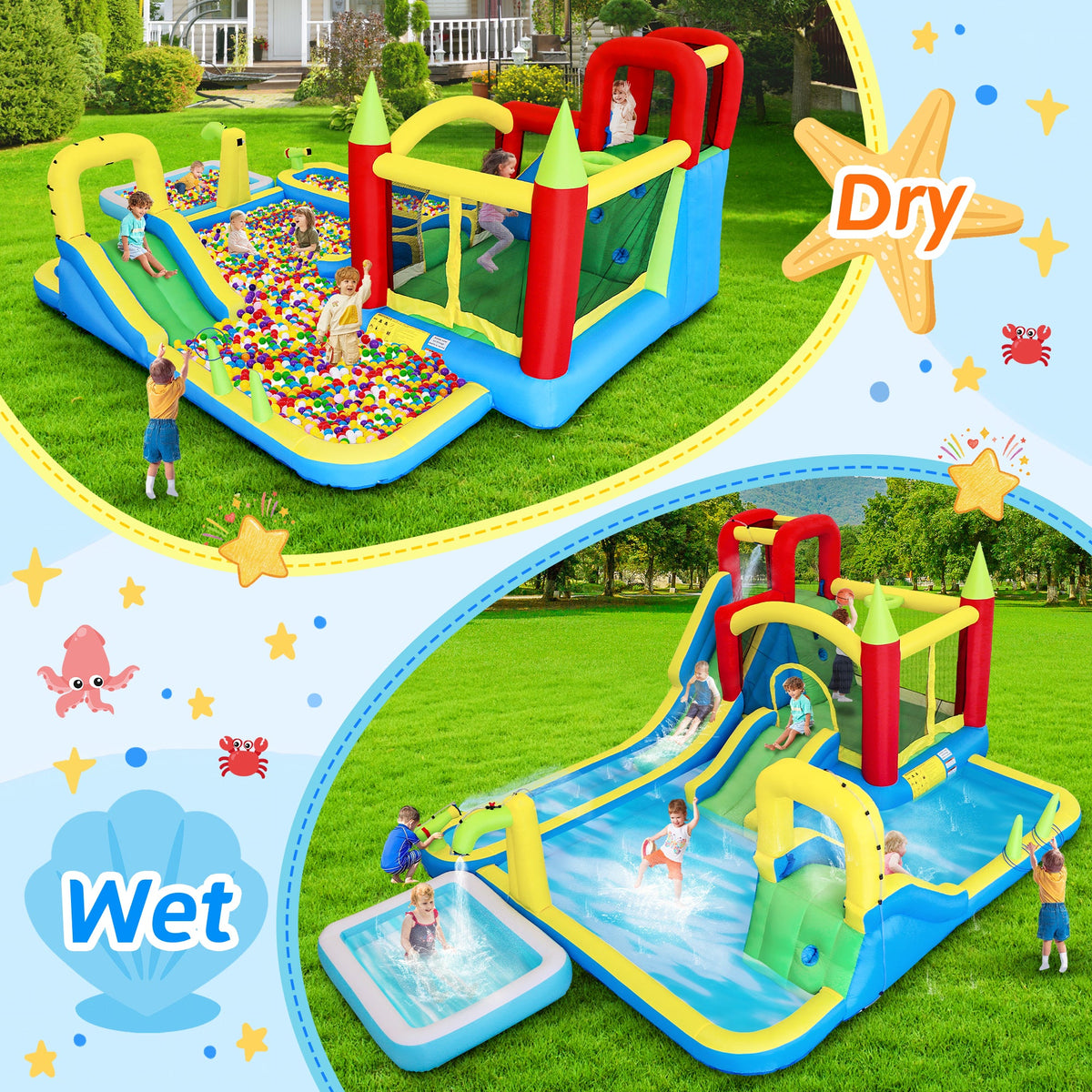 11-in-1 Inflatable Slide Water Park with Trampoline and Pool - Multicolor