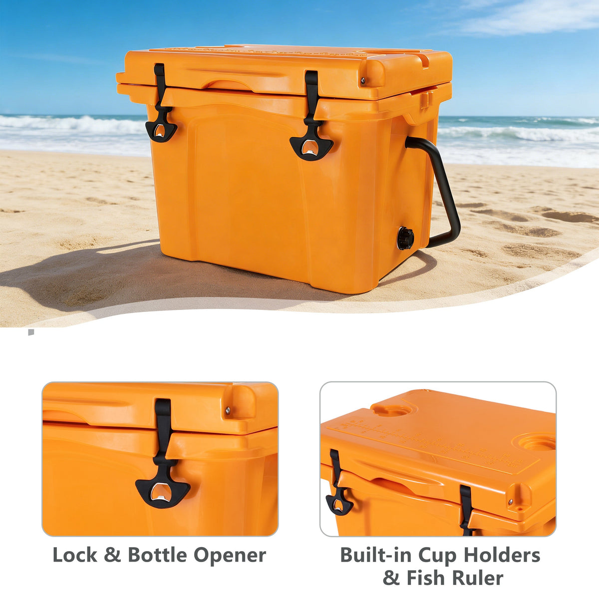 25QT Portable Cooler with Extended Ice Retention and Bottle Opener - Orange, Grey, or Blue