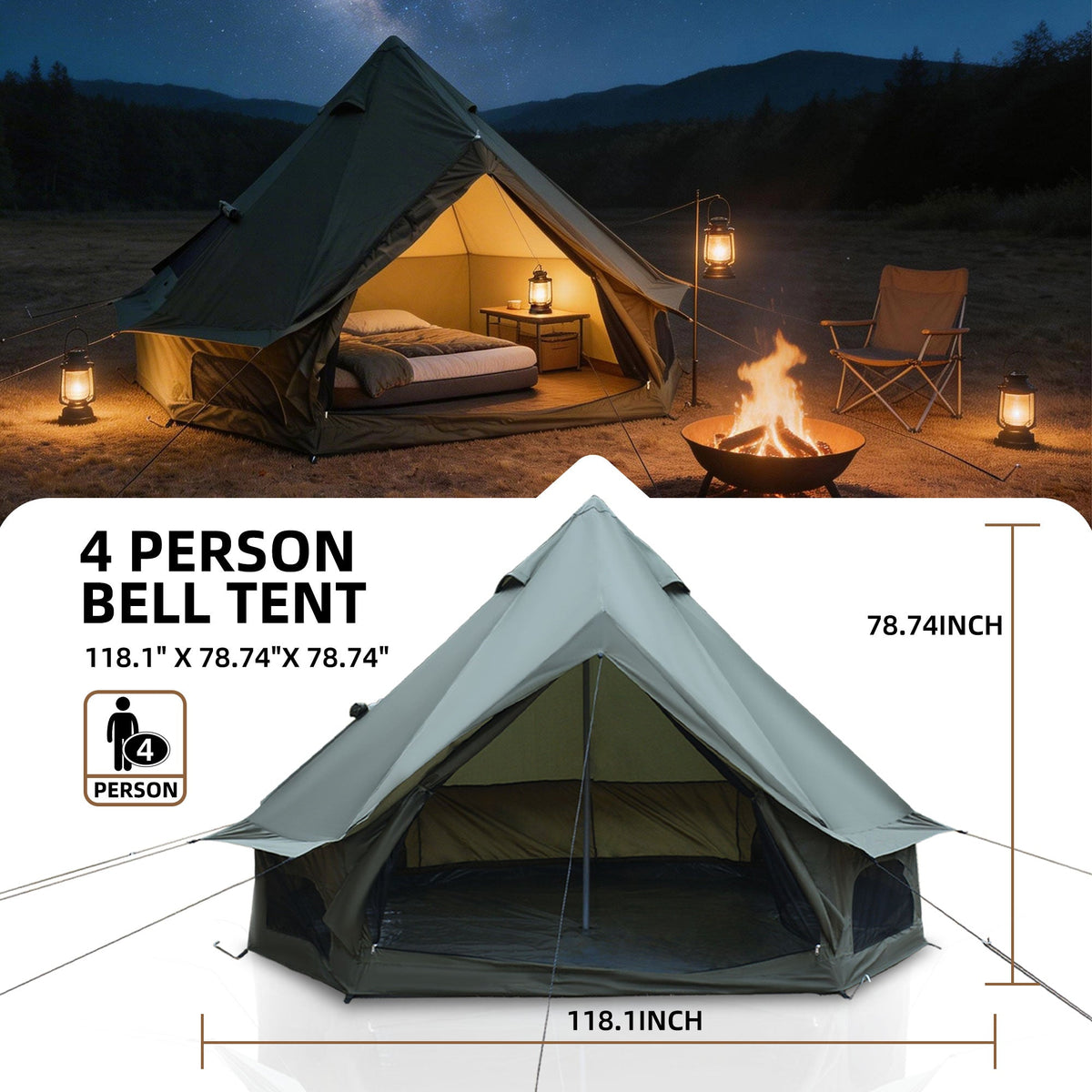 4 Season Bell Tent 9.8 FT with Chimney Opening - Green or Beige