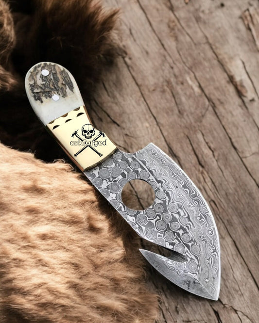 Damascus Hook Hunter Knife Antler Grip Edition