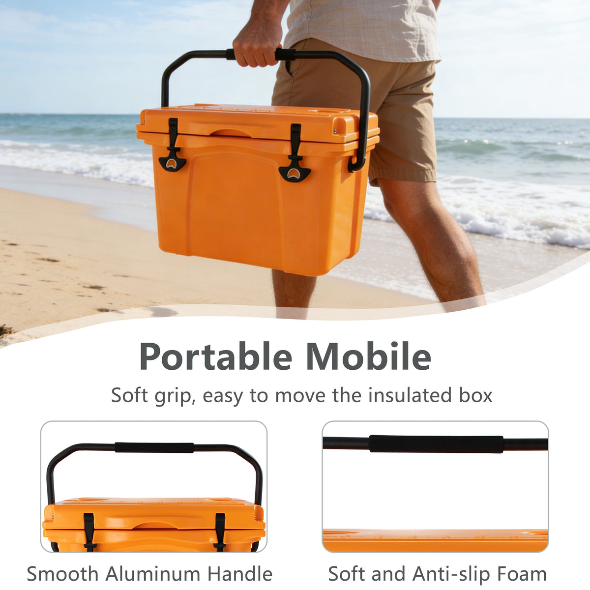 25QT Portable Cooler with Extended Ice Retention and Bottle Opener - Orange, Grey, or Blue