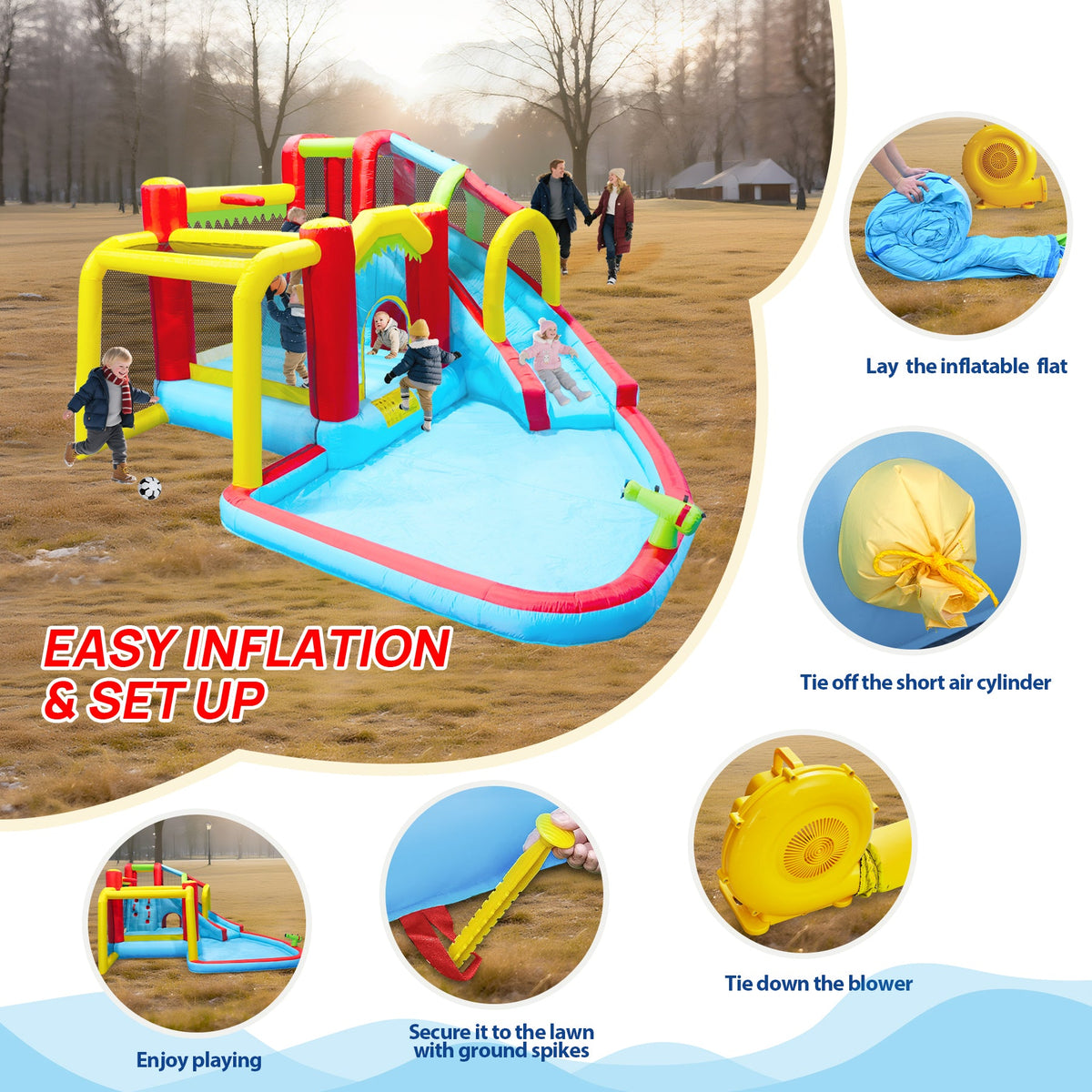7-in-1 Inflatable Slide Water Park and Garden Bouncer with Multi-Sport Features - Multicolor