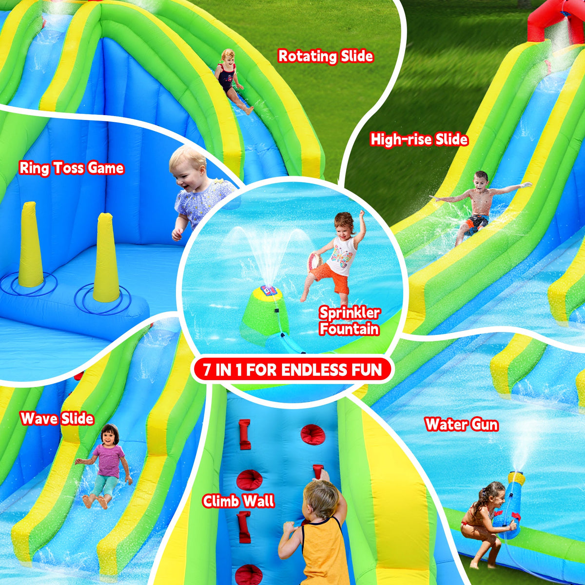 7-in-1 Inflatable Water Park with Slides and Climbing Wall - Multicolor
