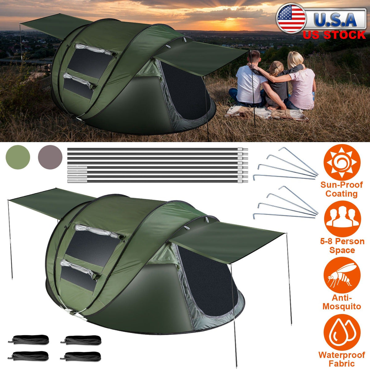 3-4 Person Pop Up Tent Automatic Setup Camping Tent Waterproof Instant Setup Tent with 2 Mosquito Net Windows Carrying Bag for Hiking Climbing Adventu