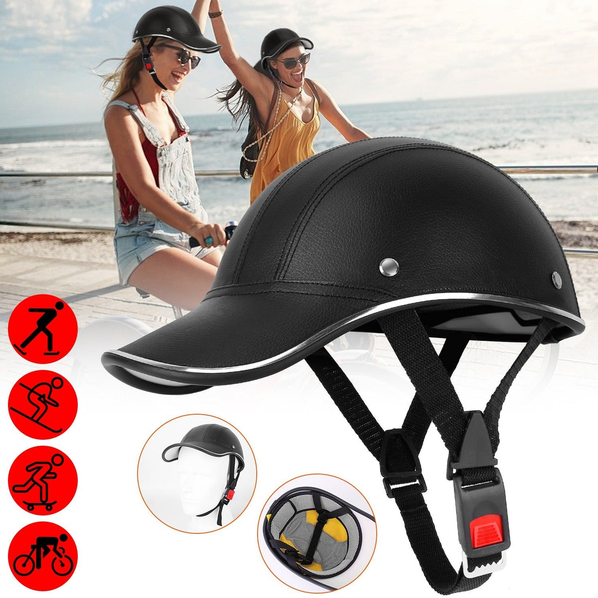 Safety Bicycle Helmet Adjustable Windproof Bike Helmet Sunshade Baseball Cap Anti-UV Cycling Motorcycle Hat Leather Helmet
