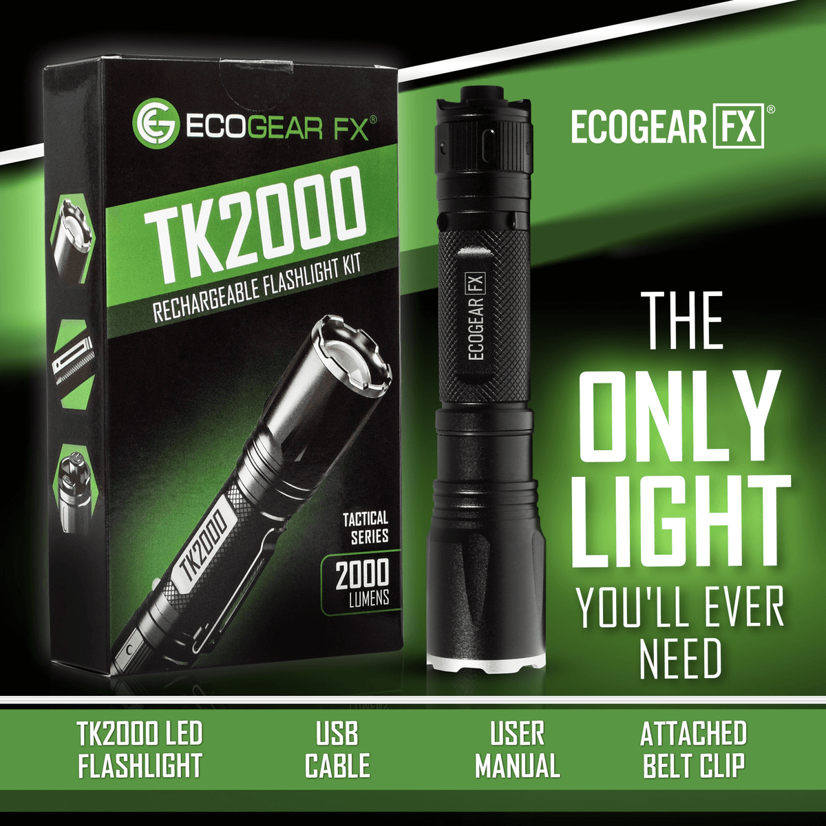 EcoGear FX TK2000 USB Rechargeable LED Tactical Flashlight