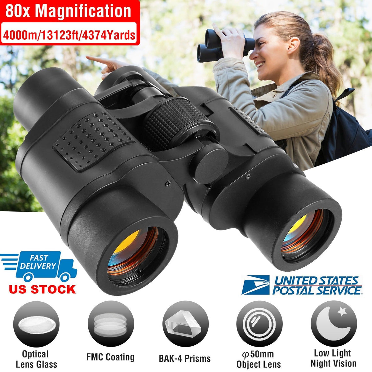 Portable HD Binoculars with FMC Lens Low Light Night Vision Telescope for Bird Watching Hunting Sports Events Concerts Adventure w/ Shoulder Strap Bag