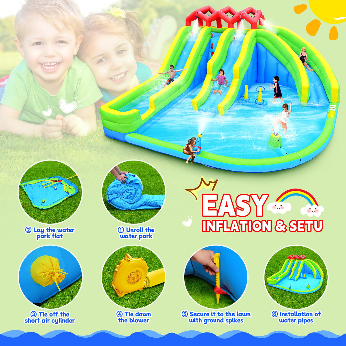 7-in-1 Inflatable Water Park with Slides and Climbing Wall - Multicolor