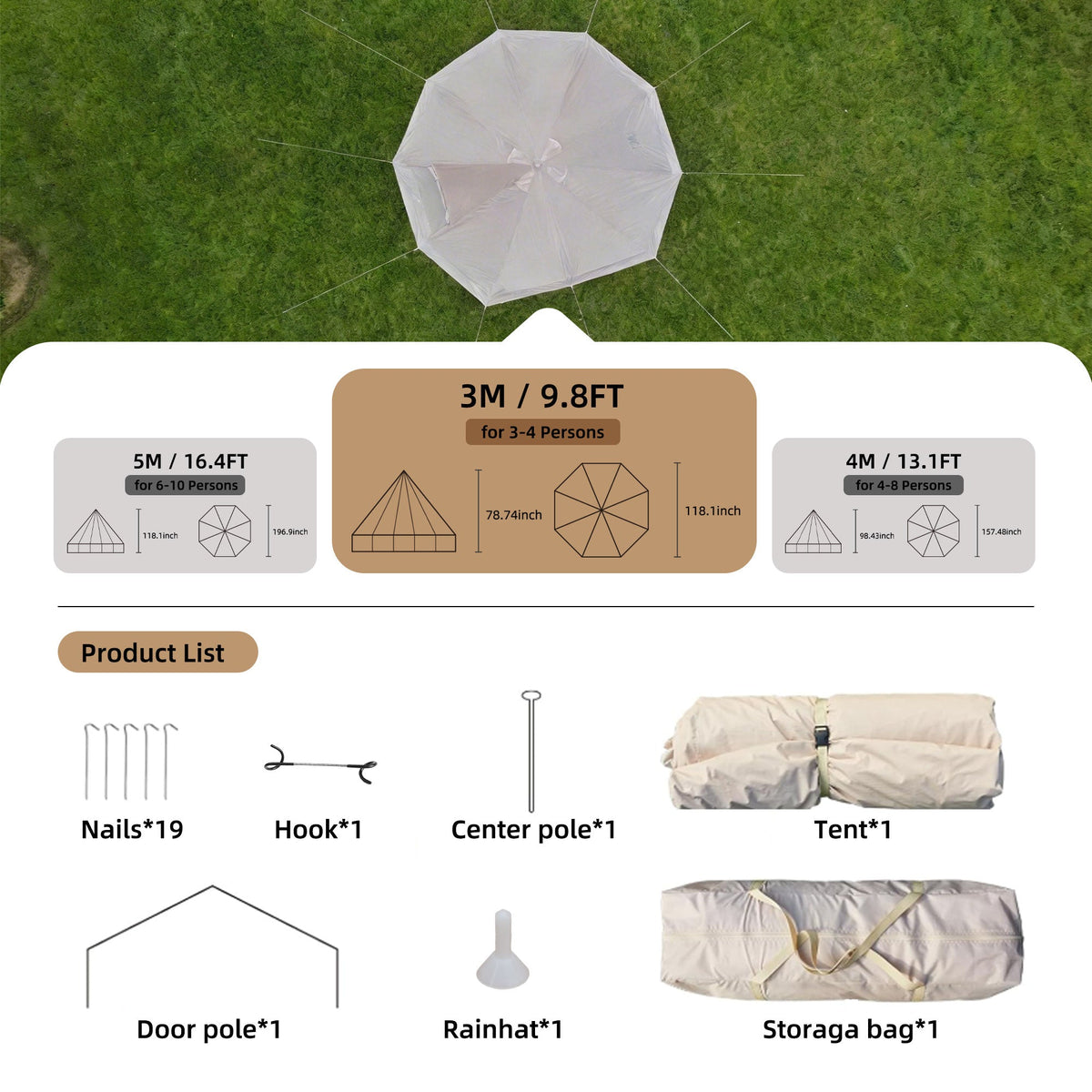 4 Season Bell Tent 9.8 FT with Chimney Opening - Green or Beige
