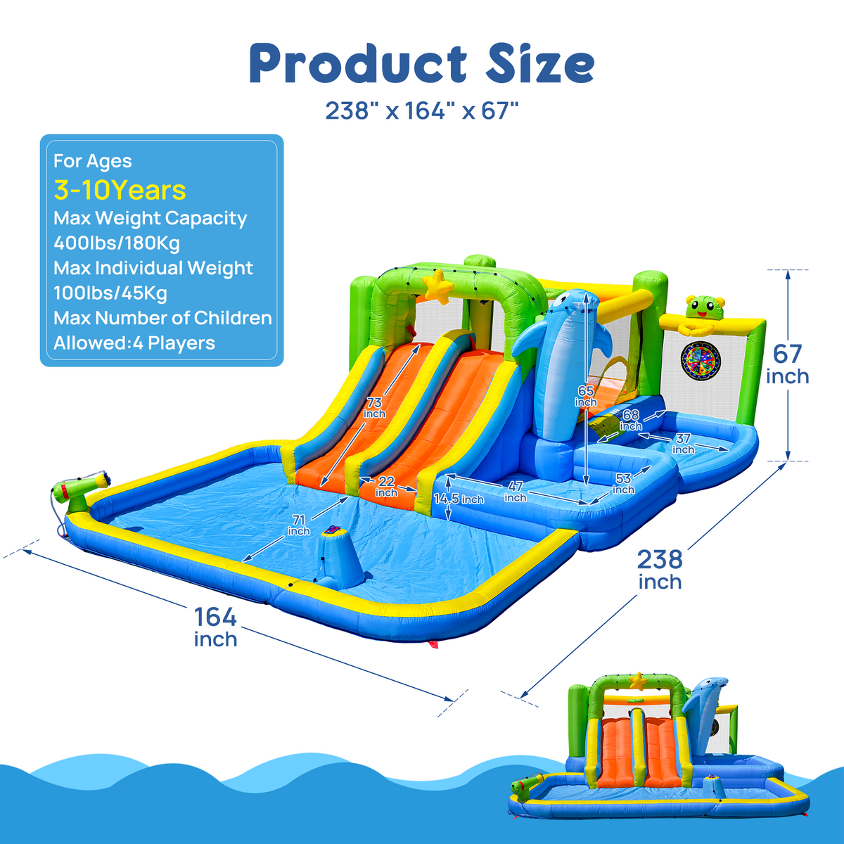 9-in-1 Inflatable Bounce House with Water Features - Multicolor