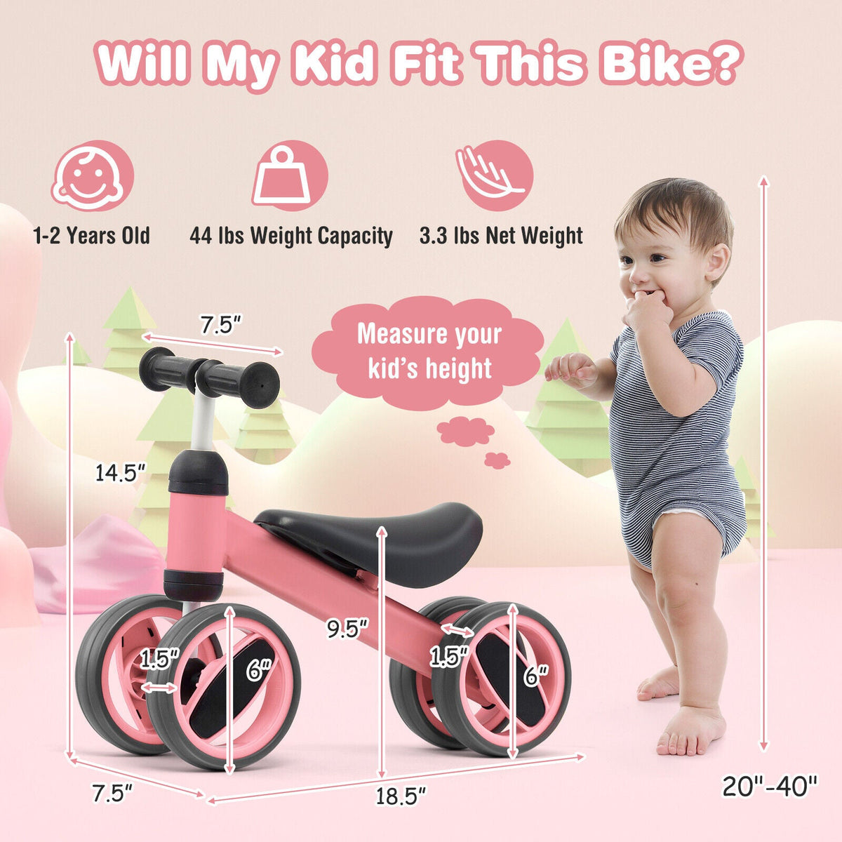 4 Wheels Baby Balance Bike Toy-Pink