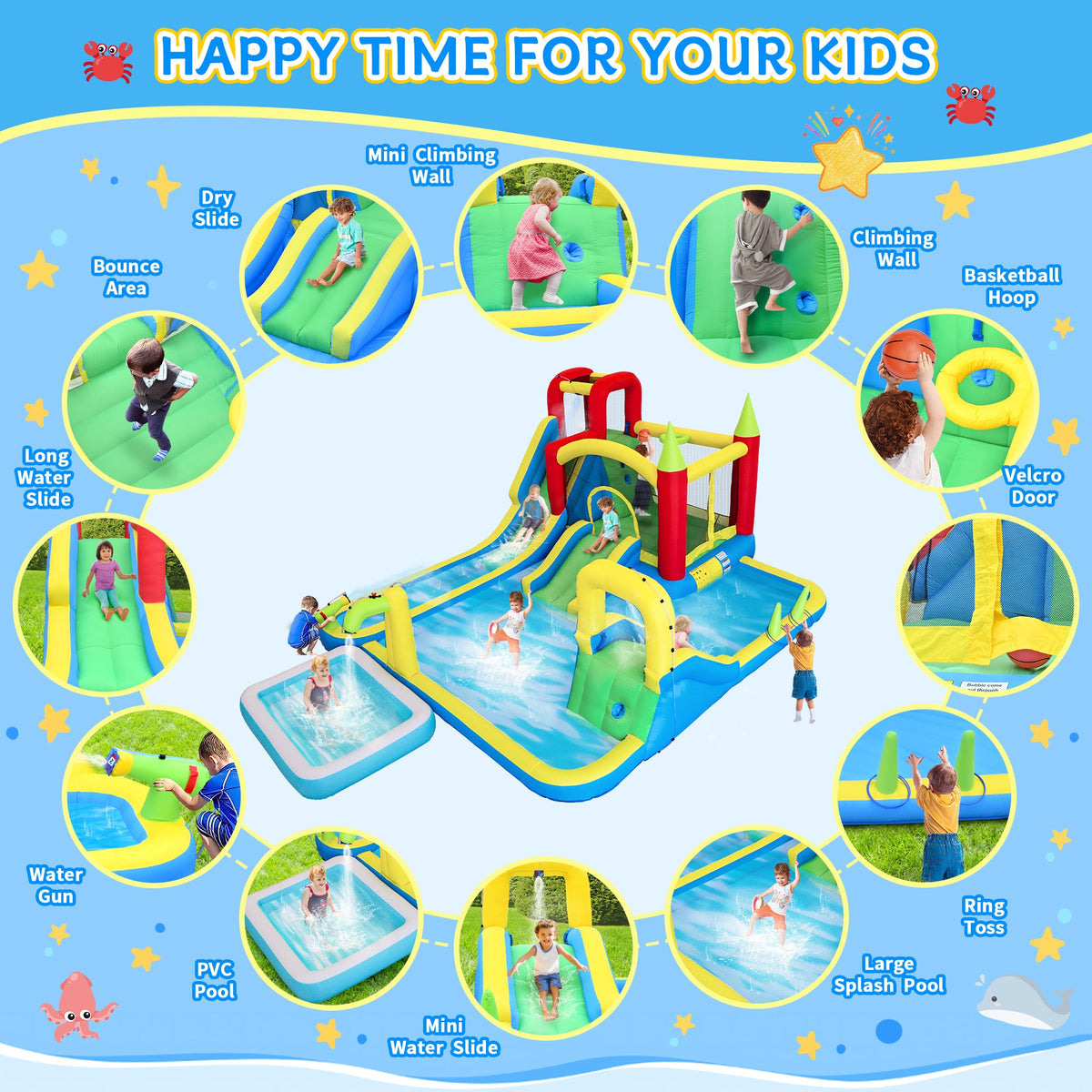 11-in-1 Inflatable Slide Water Park with Trampoline and Pool - Multicolor