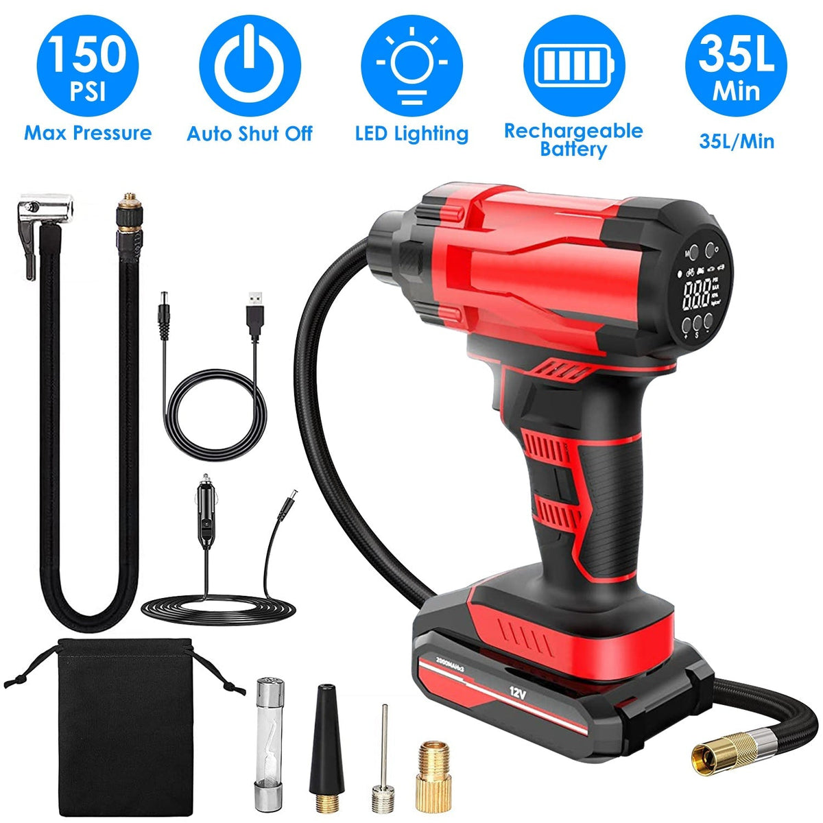 150PSI Cordless Car Tire Pump Rechargeable Tire Inflator 12V Portable Electric Air Compressor with LED Light for Car Bike Motorcycle Ball