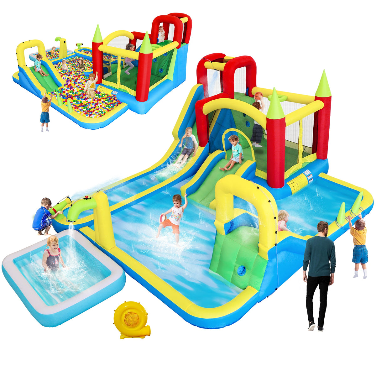 11-in-1 Inflatable Slide Water Park with Trampoline and Pool - Multicolor