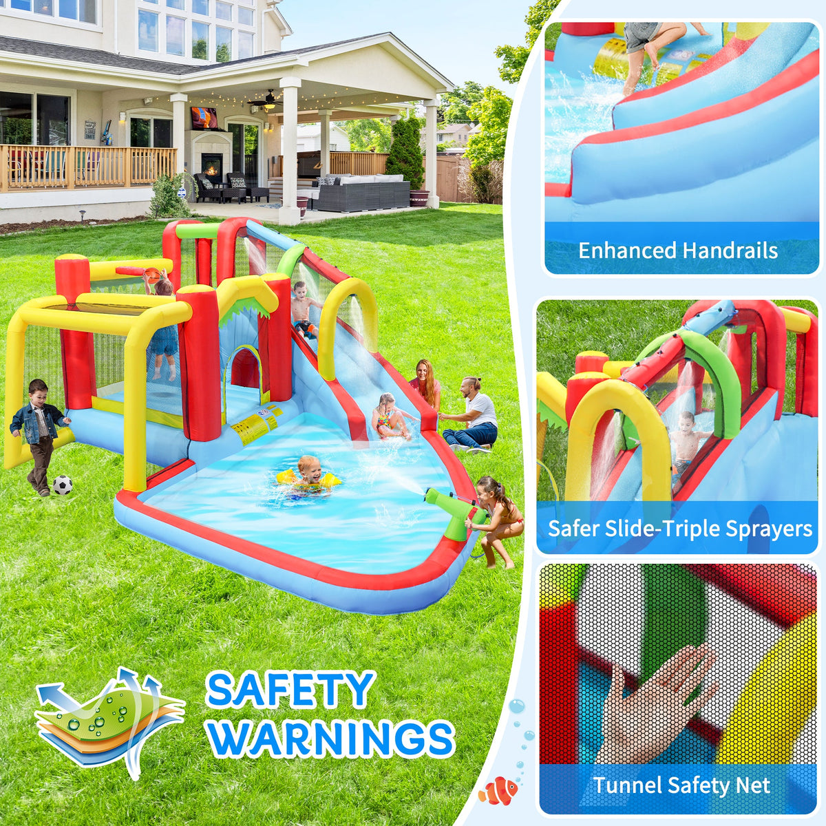 7-in-1 Inflatable Slide Water Park and Garden Bouncer with Multi-Sport Features - Multicolor