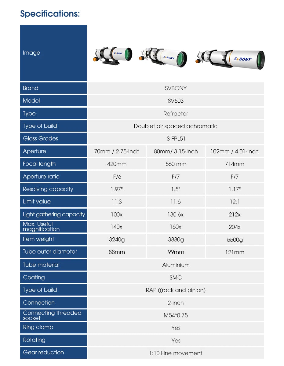Svbony SV503 Astro telescope 70/80/102ED Extra Low Dispersion Achromatic Refractor OTA For Exceptional Viewing Astrophotography