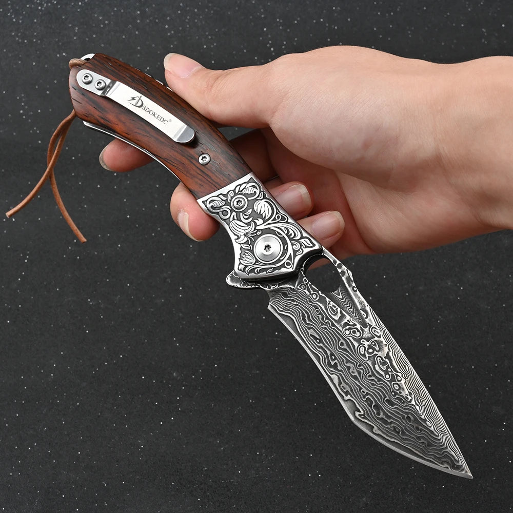 SDOKEDC High Hardness VG10 Damascus Steel Folding Knife, Wood Handle Outdoor Camping Fishing EDC Daily Utility Tool