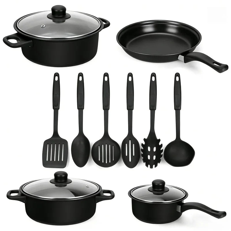 13PCS Nonstick Cookware Set Cast Iron Pots and Pans with Glass Lids Kitchen Cooking Set for Camping Travel