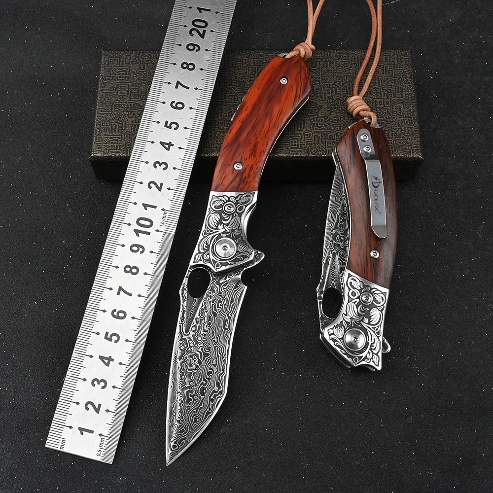 SDOKEDC High Hardness VG10 Damascus Steel Folding Knife, Wood Handle Outdoor Camping Fishing EDC Daily Utility Tool
