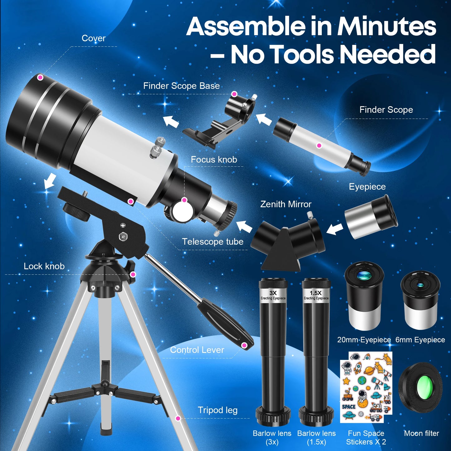 150X 70mm Astronomical Telescope for Adults Beginners Camping Nature Observation Education Gift with Stickers
