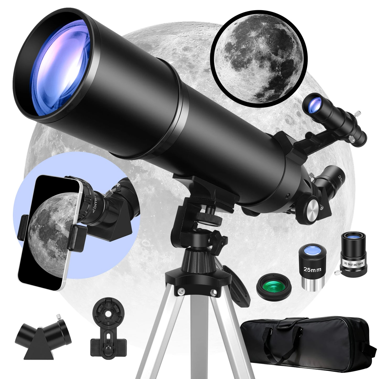 80mm Aperture 600mm Focal Length Refractor Astronomical Telescope, Suitable for Adults and Beginners, 180X Magnification, Comes with a Tripod, Phone Holder, and Storage Bag