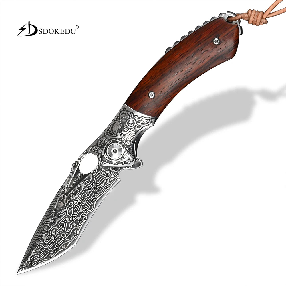 SDOKEDC High Hardness VG10 Damascus Steel Folding Knife, Wood Handle Outdoor Camping Fishing EDC Daily Utility Tool