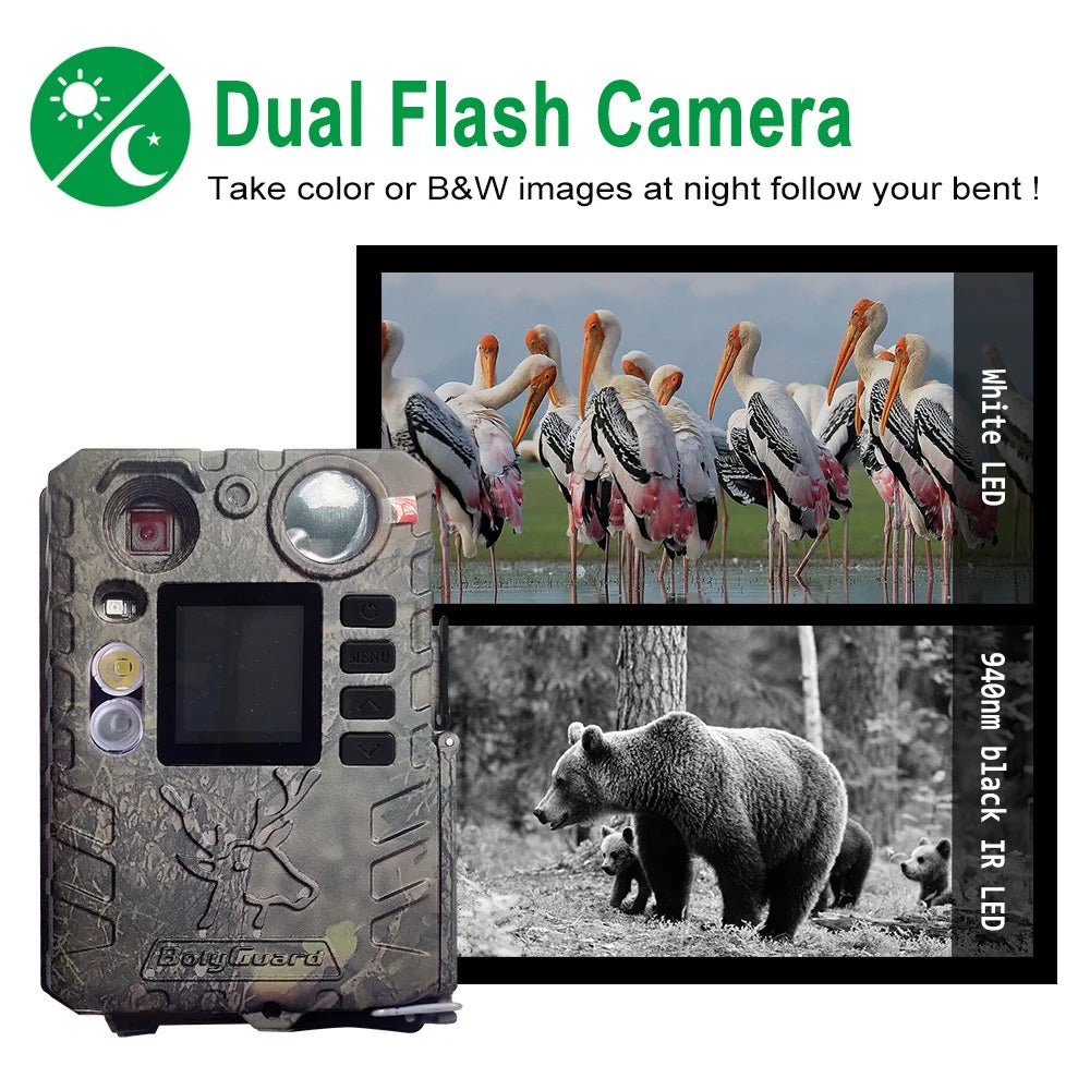 BolyGuard Trail Wildlife Camera BG410-D 33MP 2.7K HD Hunting Game Cam+Dual Flash 940nm and White LED Night Vision Support Solar