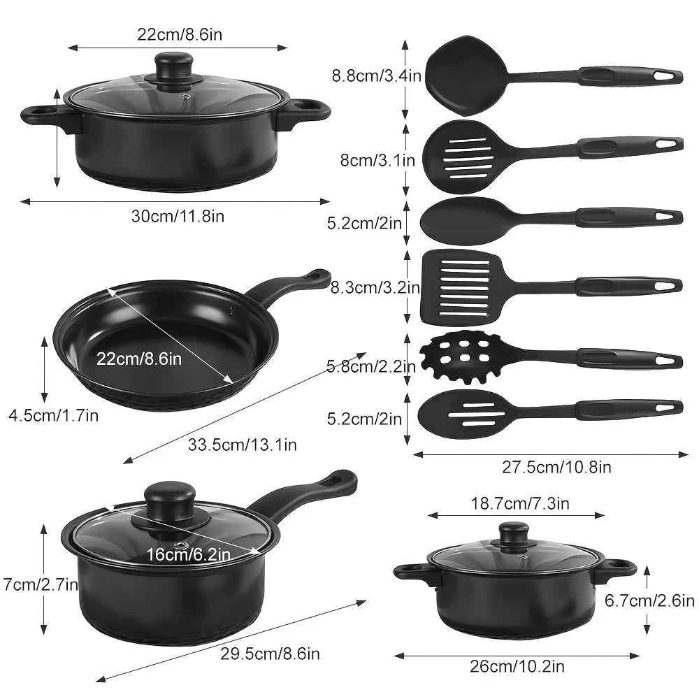 13PCS Nonstick Cookware Set Cast Iron Pots and Pans with Glass Lids Kitchen Cooking Set for Camping Travel