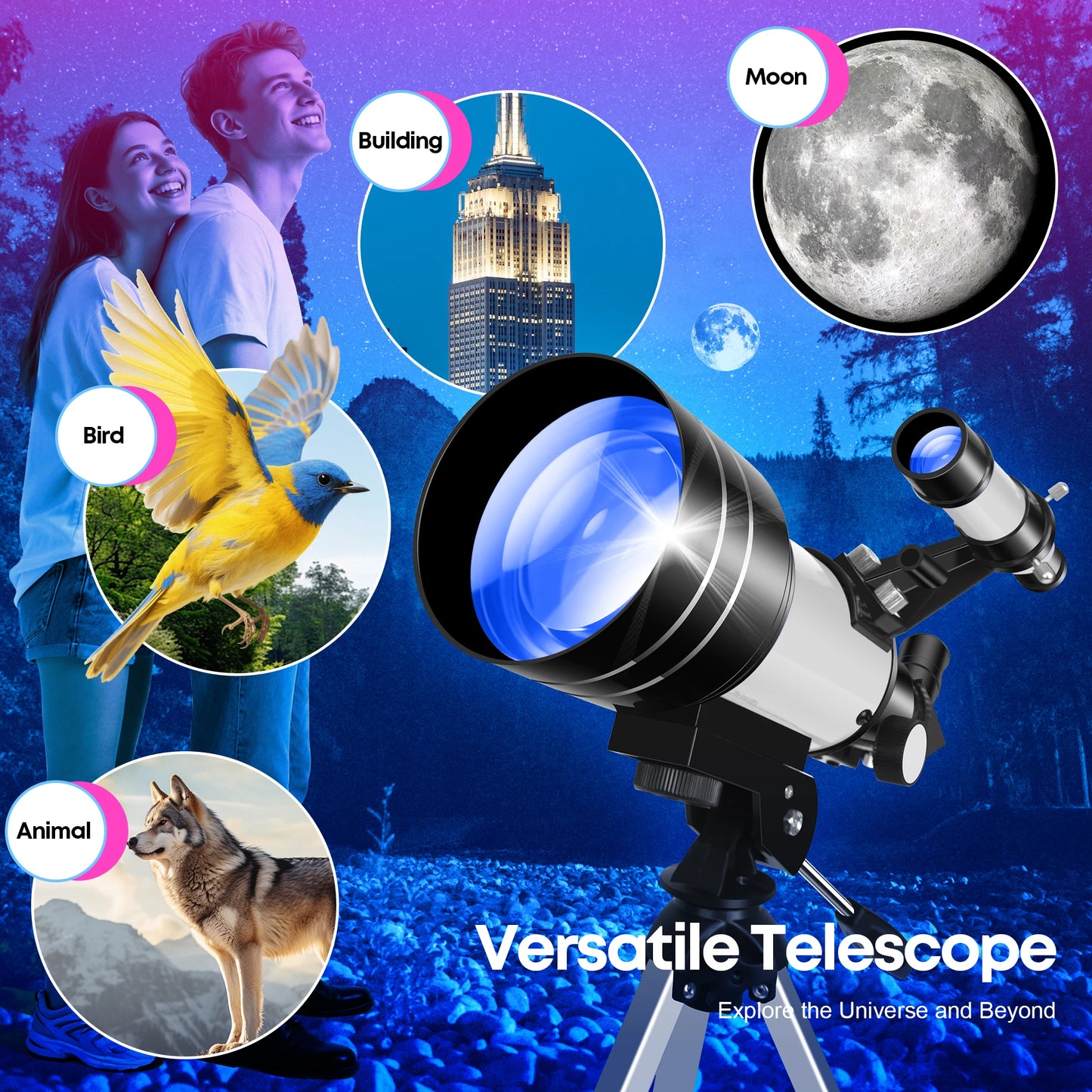 150X 70mm Astronomical Telescope for Adults Beginners Camping Nature Observation Education Gift with Stickers