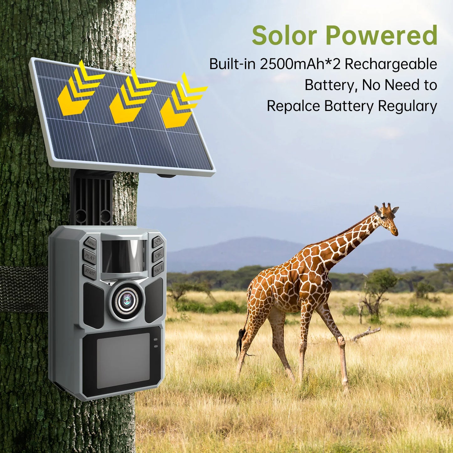 Trail Camera Solar Game Trail Cam - 4K 64MP Hunting Trail Cameras for Deer Wildlife Monitoring with Night Vision, 0.2s Trigger T