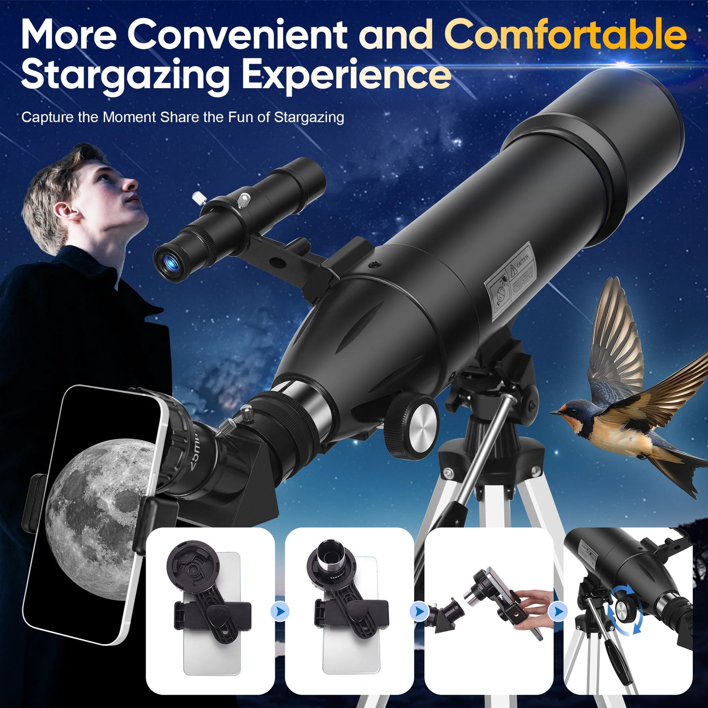 80mm Aperture 600mm Focal Length Refractor Astronomical Telescope, Suitable for Adults and Beginners, 180X Magnification, Comes with a Tripod, Phone Holder, and Storage Bag