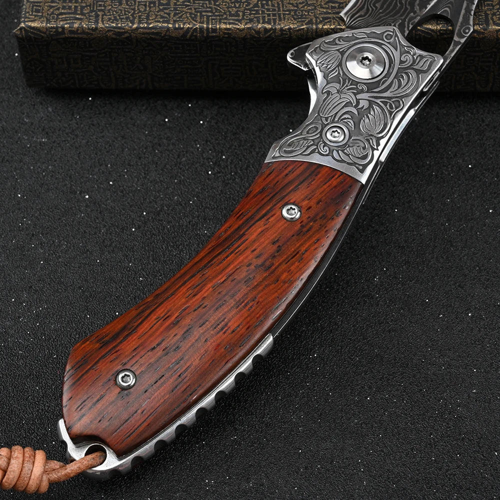 SDOKEDC High Hardness VG10 Damascus Steel Folding Knife, Wood Handle Outdoor Camping Fishing EDC Daily Utility Tool