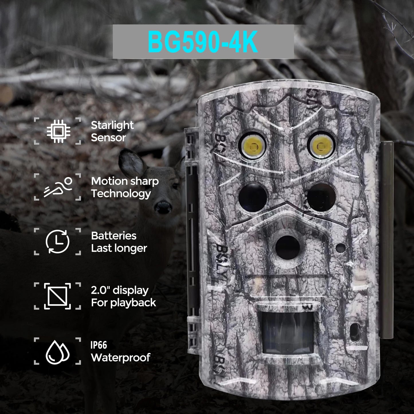 BolyGuard Trail Hunting Camera BG590 4K FHD 45MP Wildlife Outdoor Camera IP68 Waterproof 940nm 30M Black IR Night Vision 2" LCD