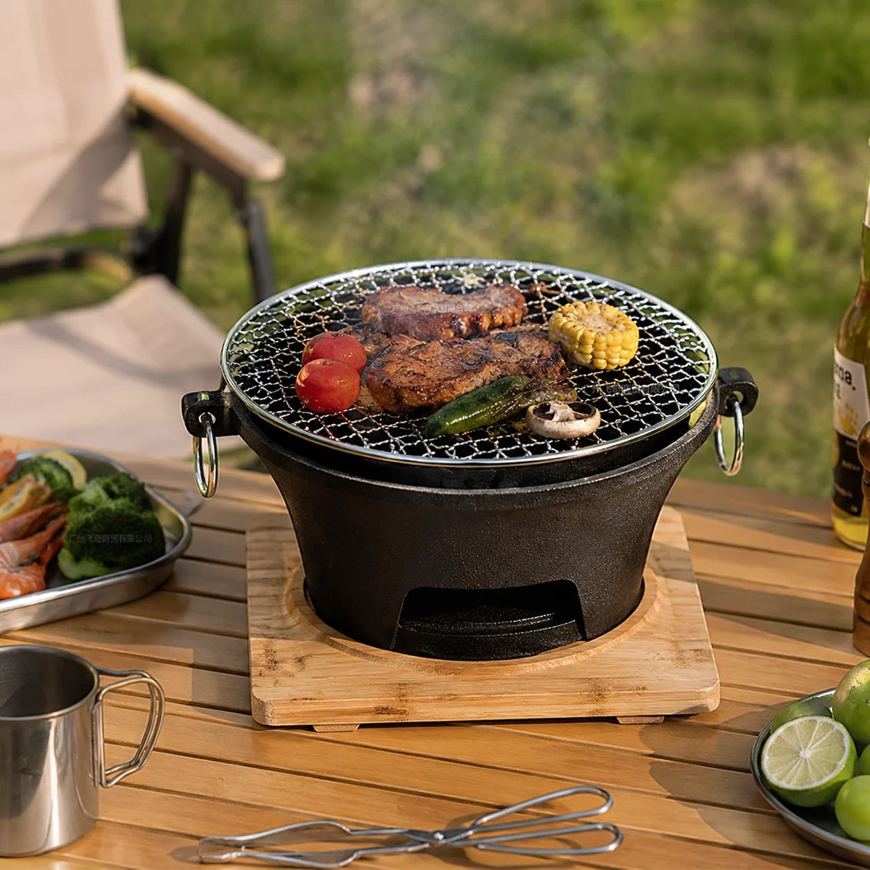 KL1 Portable Charcoal Grill Mini Tabletop BBQ Cast Iron Body Stainless Steel Removable Grill Net Heat-Resistant Wooden Base Silver Carry Rings Outdoor Picnic and Backyard Cooking