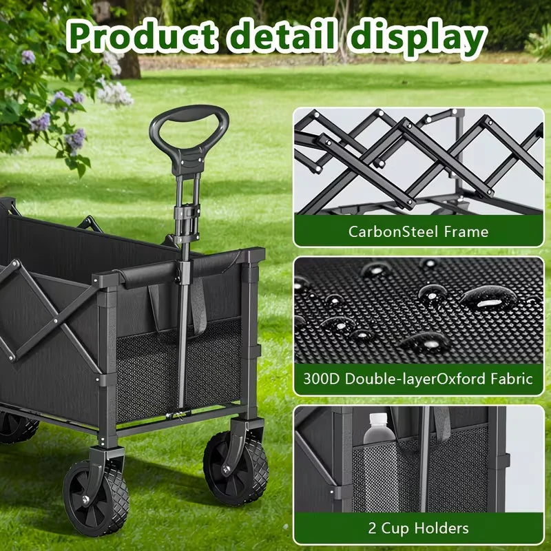 780/520/350LBS Heavy Duty Collapsible Folding Wagon Cart with Wheels, All Terrain Folding Utility Cart with Steel Frame & 600D Oxford Fabric, No Assembly Required, Portable Garden Wagon with Tool Holder for Camping, Gardening