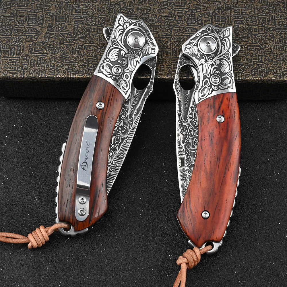 SDOKEDC High Hardness VG10 Damascus Steel Folding Knife, Wood Handle Outdoor Camping Fishing EDC Daily Utility Tool