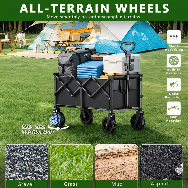 780/520/350LBS Heavy Duty Collapsible Folding Wagon Cart with Wheels, All Terrain Folding Utility Cart with Steel Frame & 600D Oxford Fabric, No Assembly Required, Portable Garden Wagon with Tool Holder for Camping, Gardening