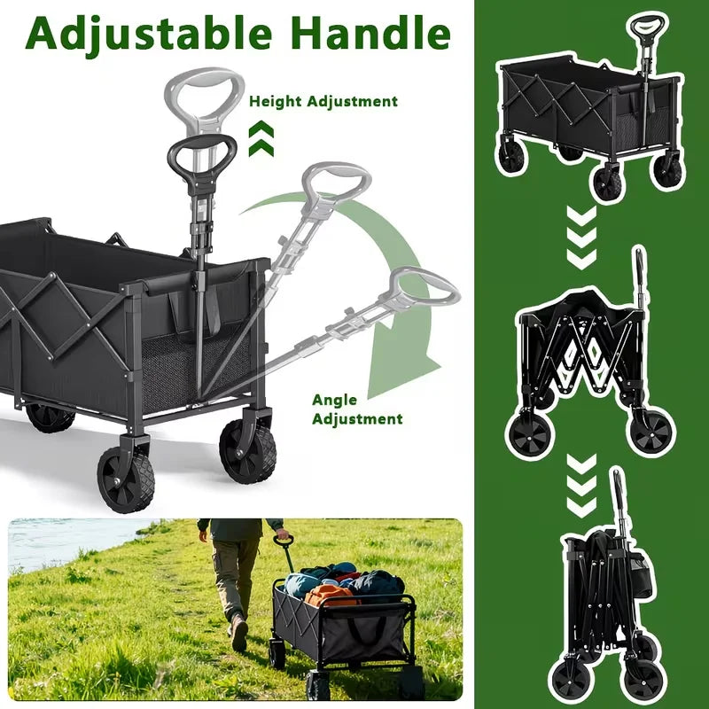 780/520/350LBS Heavy Duty Collapsible Folding Wagon Cart with Wheels, All Terrain Folding Utility Cart with Steel Frame & 600D Oxford Fabric, No Assembly Required, Portable Garden Wagon with Tool Holder for Camping, Gardening