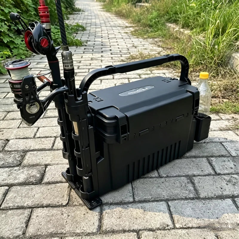 Portable Fishing Tackle Box with Rod Holders, Waterproof Multi-Functional Fishing Storage Seat Box, Large Capacity Fishing Organizer with Dividers for Lures, Baits, Tools, Outdoor Fishing