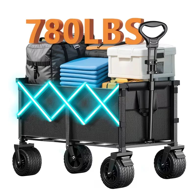 780/520/350LBS Heavy Duty Collapsible Folding Wagon Cart with Wheels, All Terrain Folding Utility Cart with Steel Frame & 600D Oxford Fabric, No Assembly Required, Portable Garden Wagon with Tool Holder for Camping, Gardening