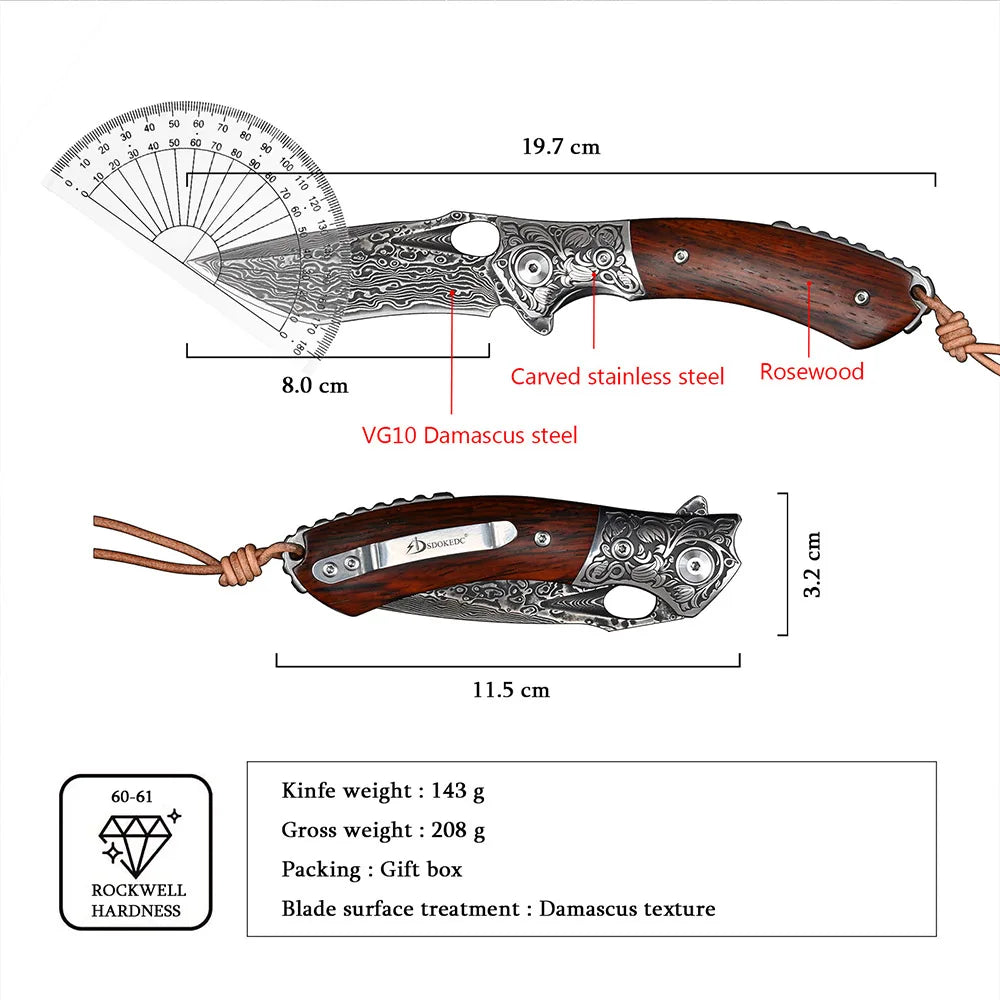 SDOKEDC High Hardness VG10 Damascus Steel Folding Knife, Wood Handle Outdoor Camping Fishing EDC Daily Utility Tool