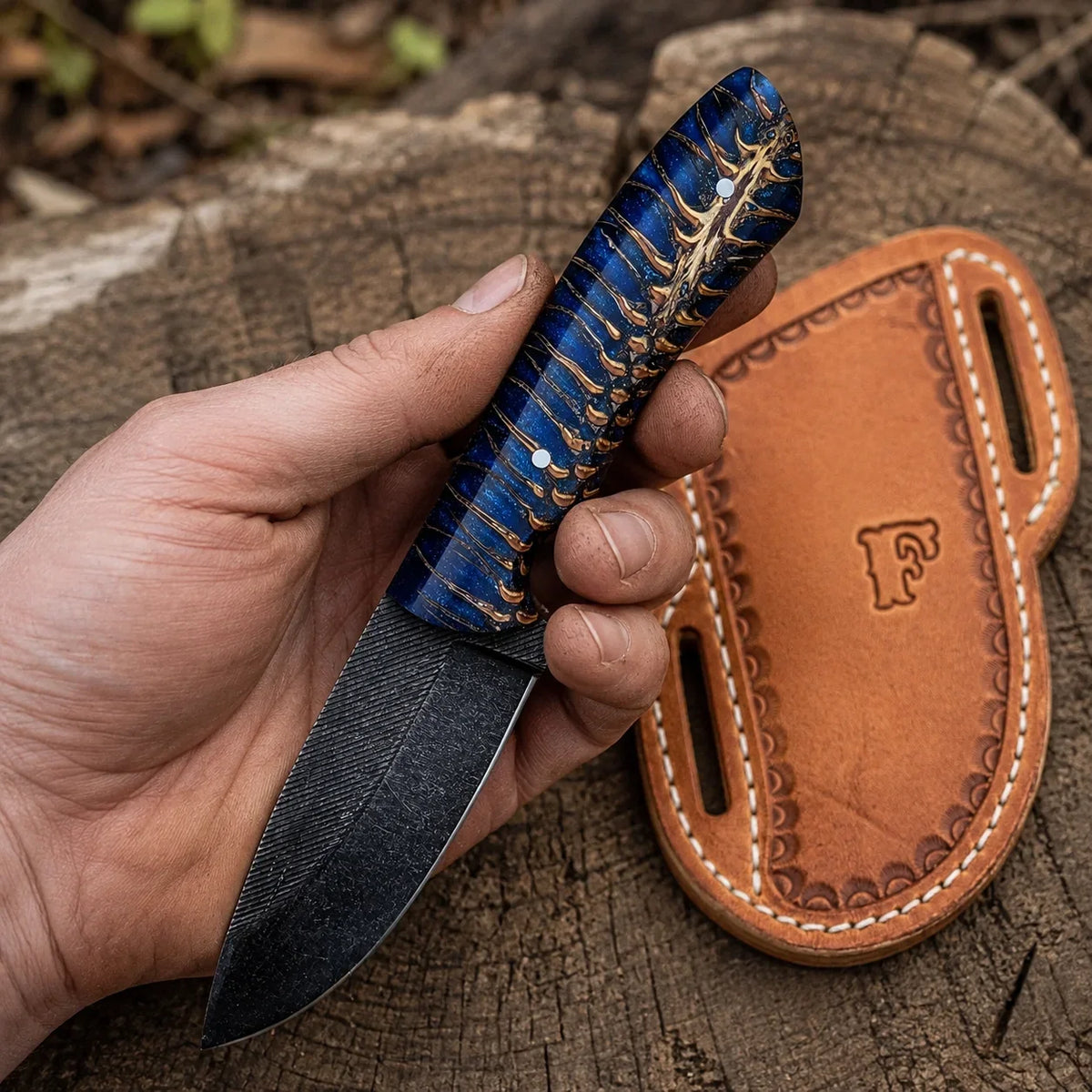 The Jesse James – Custom Handmade Acid Washed Rasp Steel Knife with Blue Epoxy Pine Cone Resin Handle & Leather Sheath