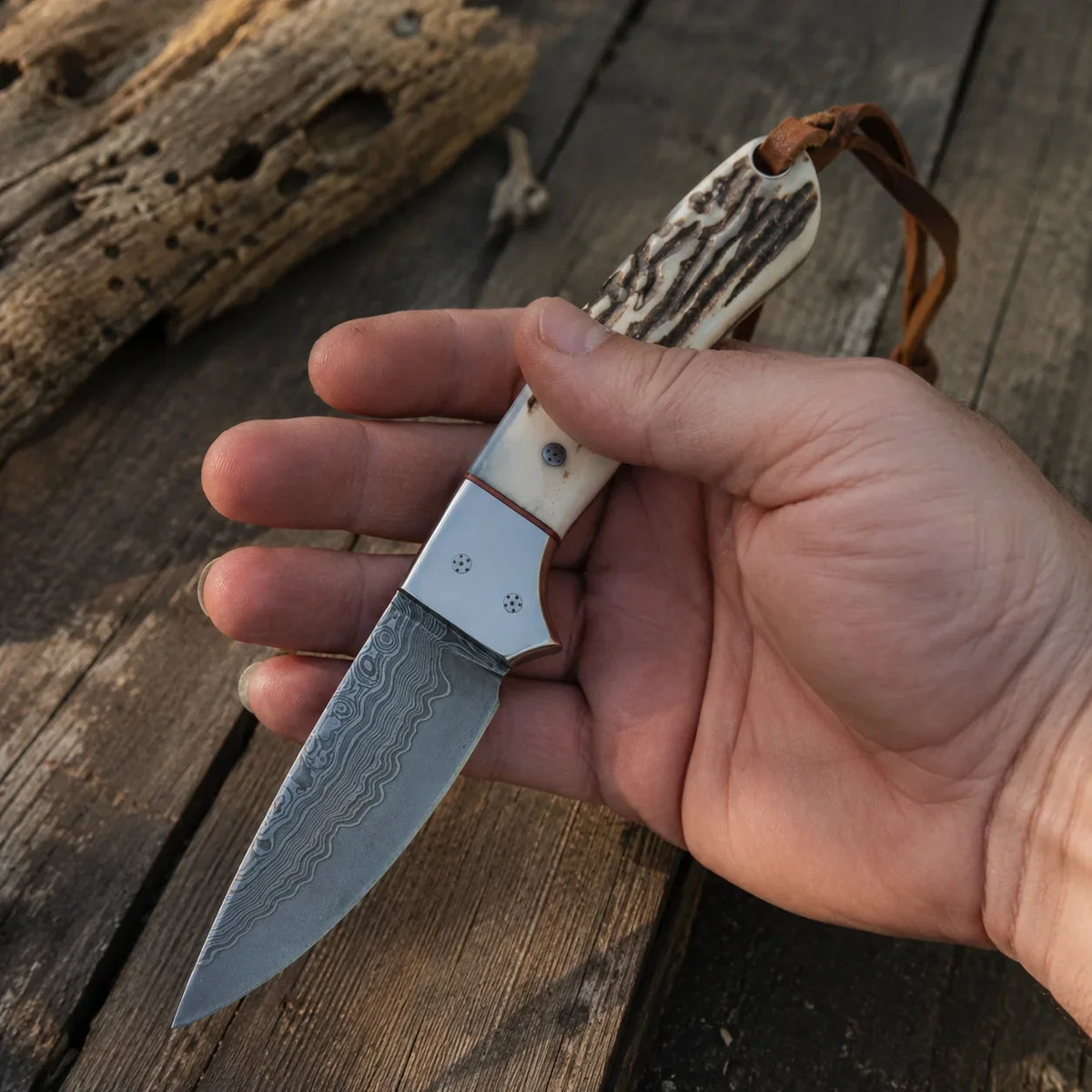 Cross Draw Knife – Damascus Steel, Antler Horn Handle, Steel Bolster & Leather Sheath | 6.25"