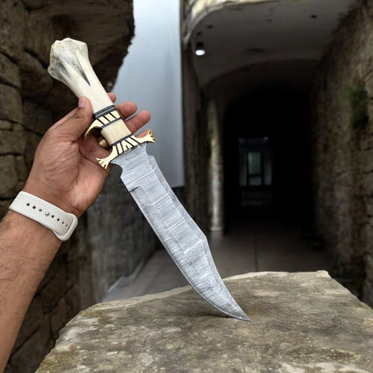 "Handcrafted Damascus Steel Bowie Knife with Camel Bone Handle & Leather Sheath – 8 to 13 Inch"