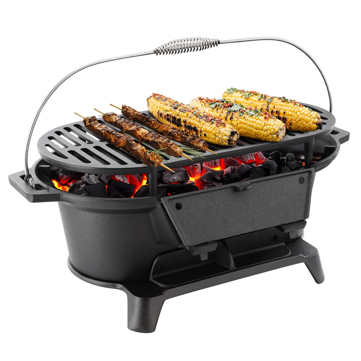 MegaChef Oval Cast Iron Portable Hibachi Grill for Outdoor Use and Camping in Black-0