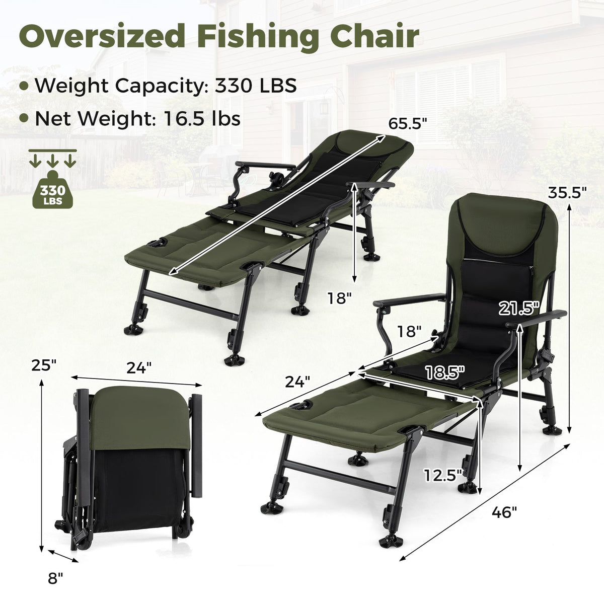 Oversized Foldable Fishing Chair with Detachable Footrest-Green