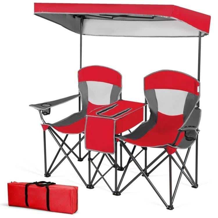 Red 2-Piece Folding Camping Canopy Chairs Set with Cup Holder and Storage Pocket-2