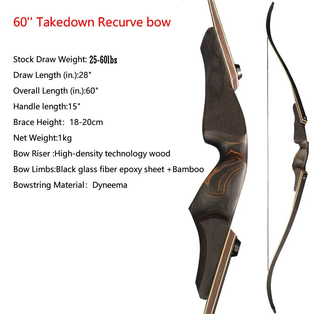 Recurve Bow 60" 40-60lbs Takedown with Bamboo Core Limbs Wooden Riser Right Hand for Archery Hunting Shooting Accessories